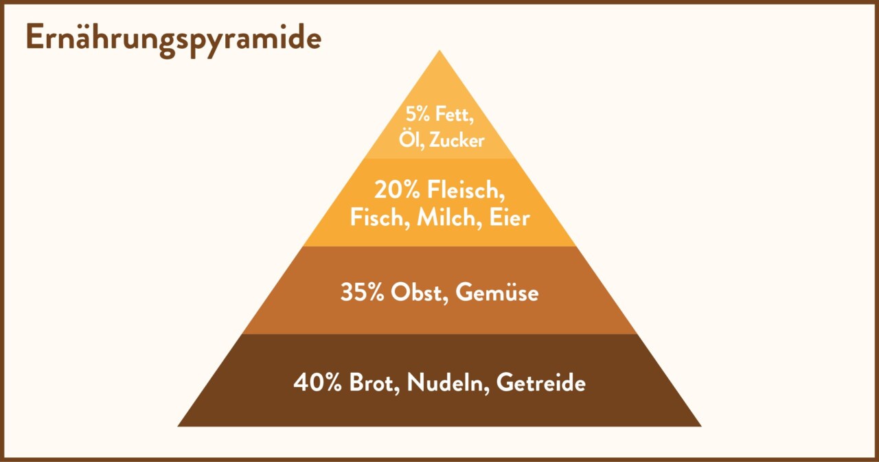 "Infografik der Ernährungspyramide, die die prozentuale Verteilung von Brot, Nudeln, Getreide, Obst, Gemüse, Fleisch, Fisch, Milch, Eier, Fett, Öl und Zucker zeigt.